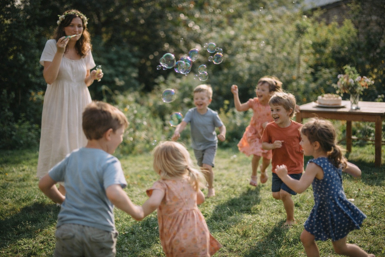 Anniversaire magique — enfants et conteuse lors d'une fête enchantée